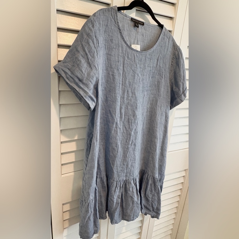 NWT Saks Fifth Avenue Dress Linen Drop Waist Babydoll Short Sleeve Ruffle Hem M - Picture 3 of 6